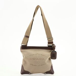 Authentic Prada Jacquard Logo Canvas with leather Messenger bag
